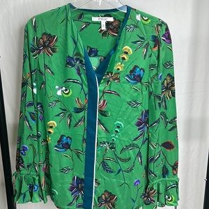 DEREK LAM 100% silk floral long sleeve button down with tie sleeves